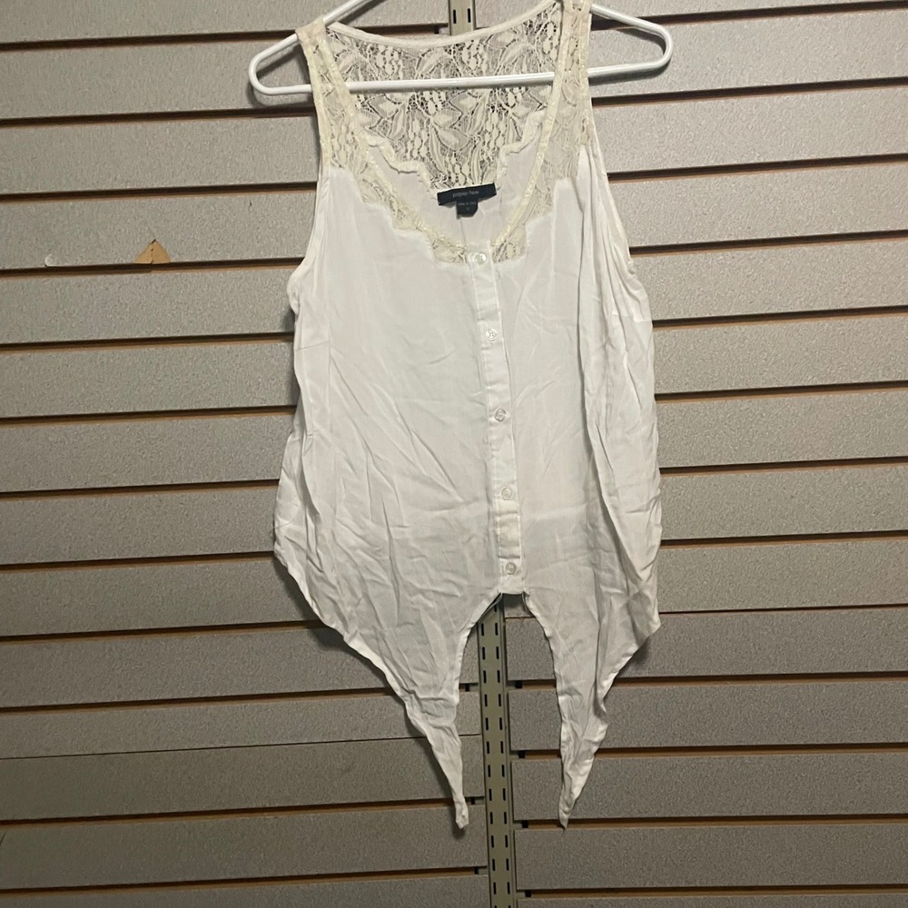 Paper Tee Womens Plus 1X White Lace Yoke Tie Front Button Down Tank Sleeveless